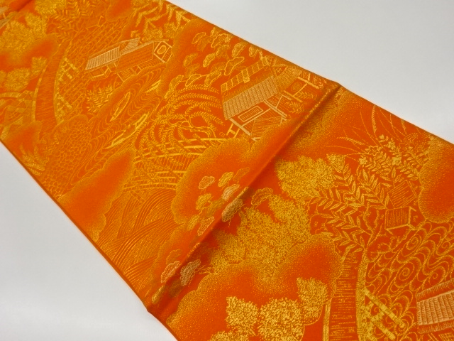 JAPANESE KIMONO / VINTAGE FUKURO OBI / WOVEN HOUSE WITH BRIDGE & STREAM